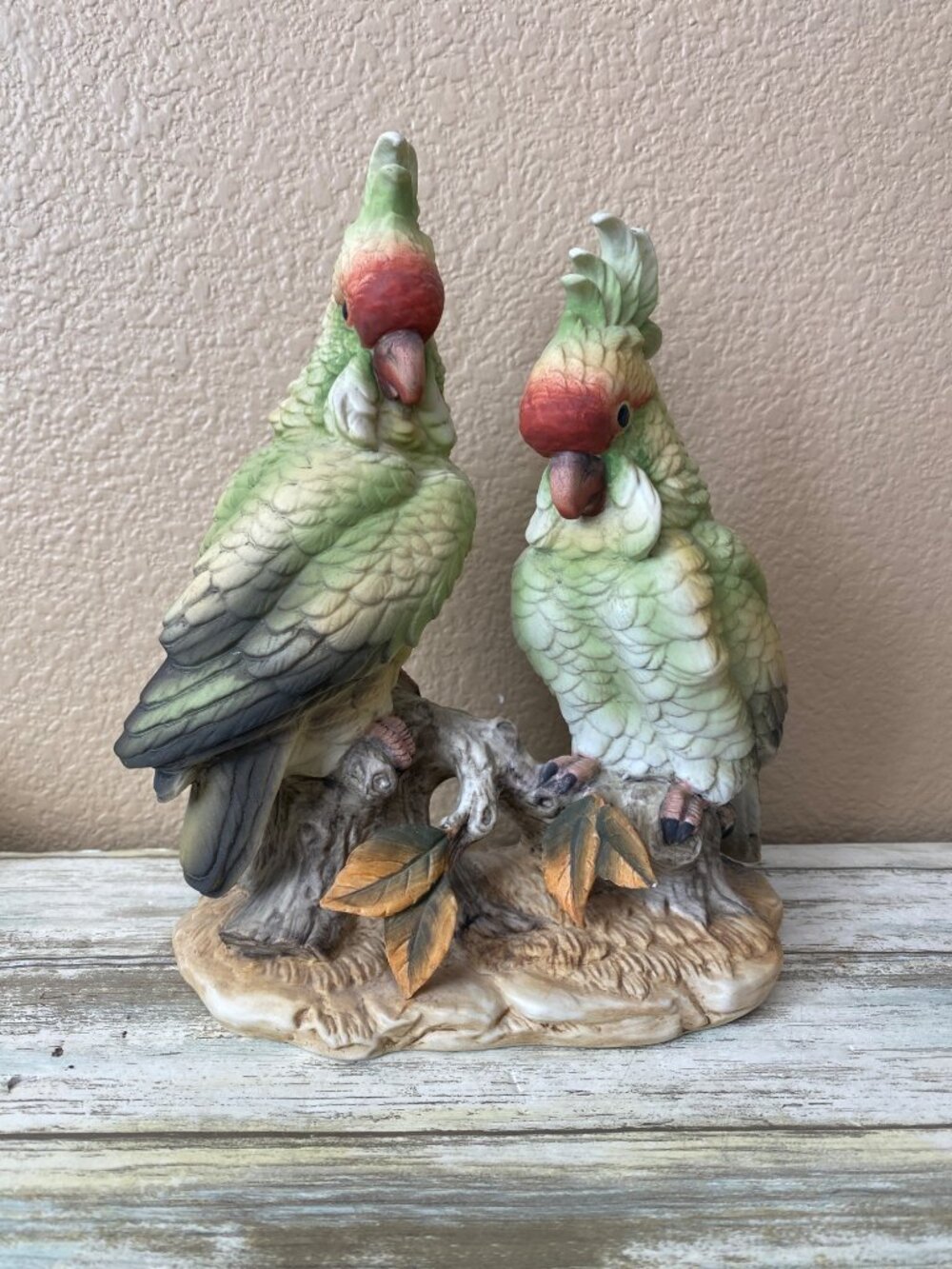 Vintage Andrea by Sadek Green Cockatoos Parrots Figurine Pair - No Box